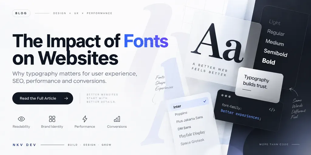 Typography specimens and a laptop representing thoughtful web font selection and design